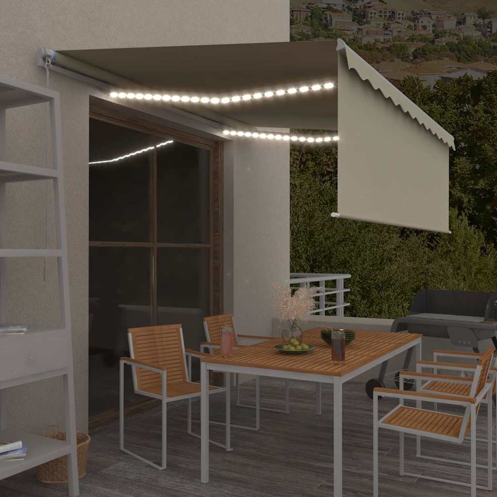 markise m. gardin + LED 4x3 m manuel betjening cremefarvet