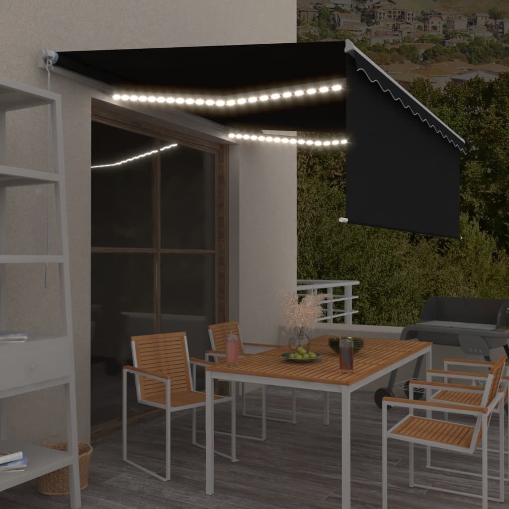 markise m. gardin + LED 4x3 m manuel betjening antracitgrå
