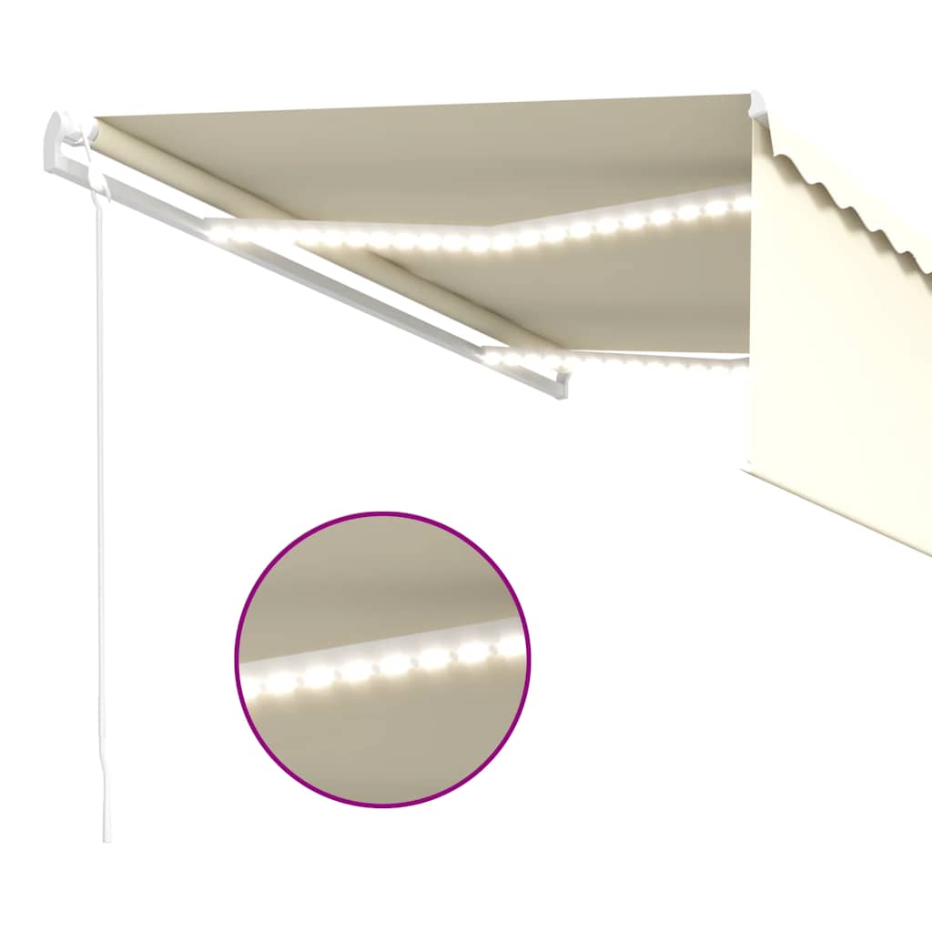 markise m. gardin+LED+vindsensor 4x3 m automatisk cremefarvet