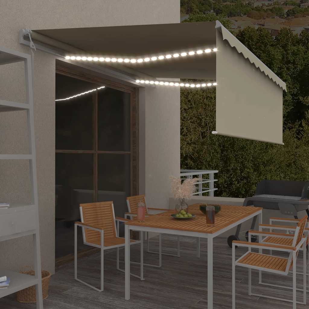 markise m. gardin+LED+vindsensor 4x3 m automatisk cremefarvet