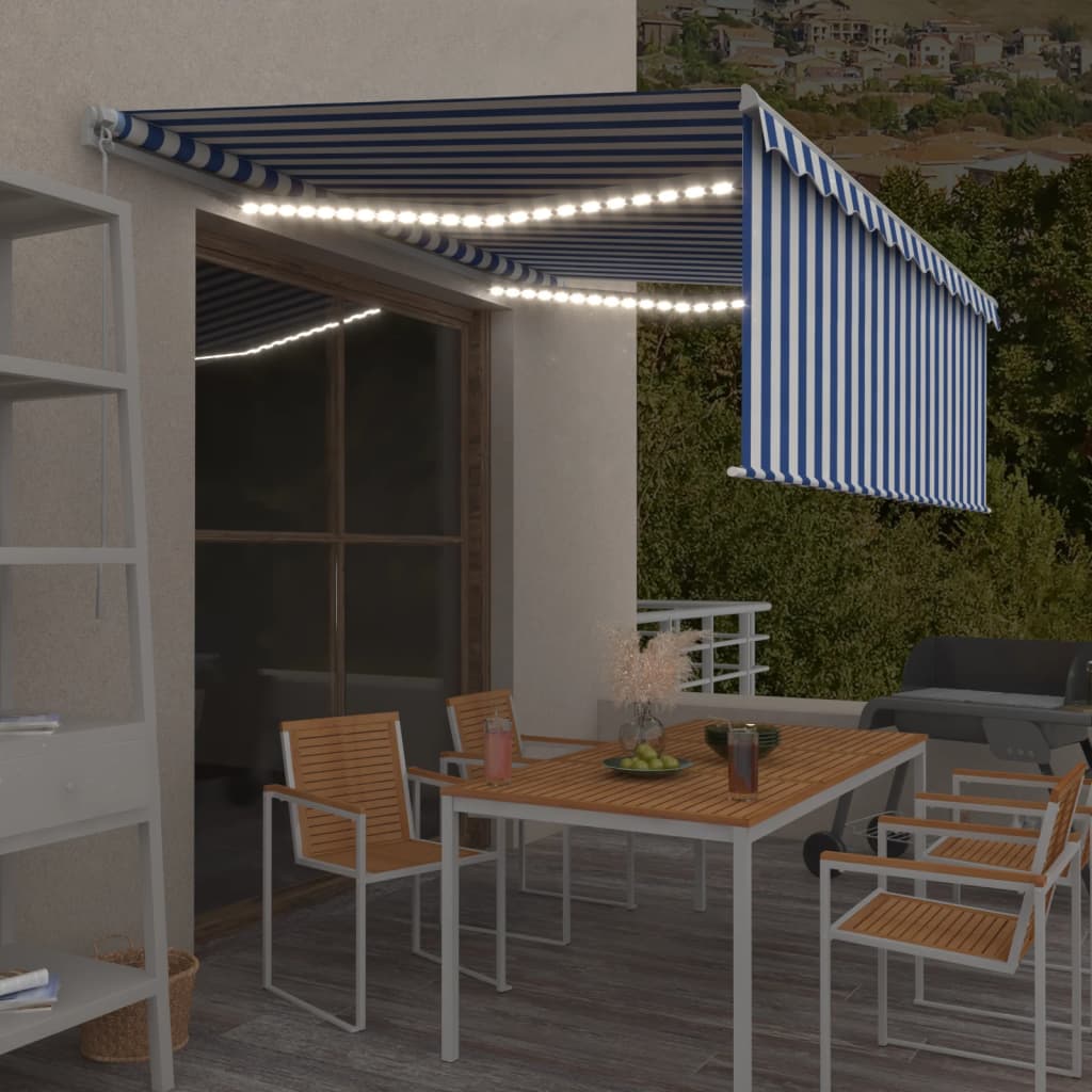 markise m. gardin + LED 4,5x3 m manuel betjening blå og hvid
