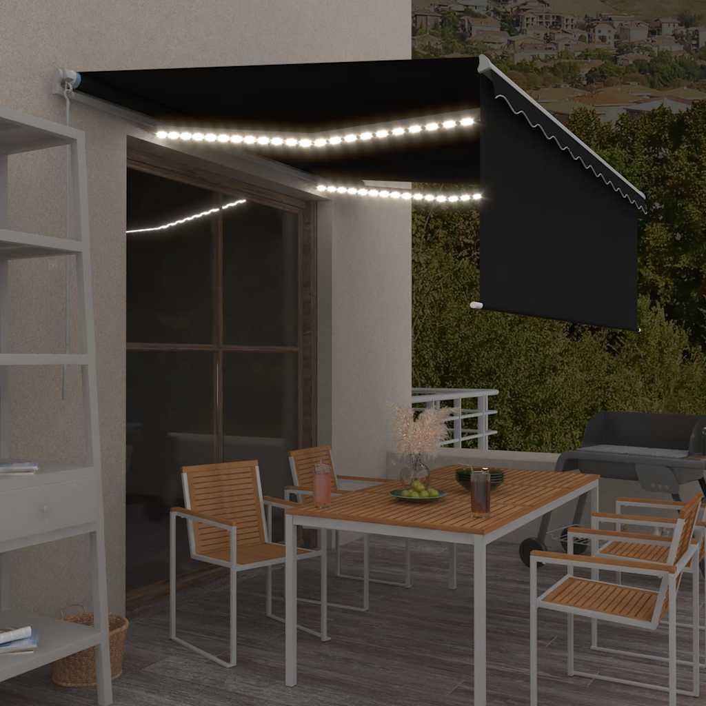 markise m. gardin + LED 4,5x3 m manuel betjening antracitgrå