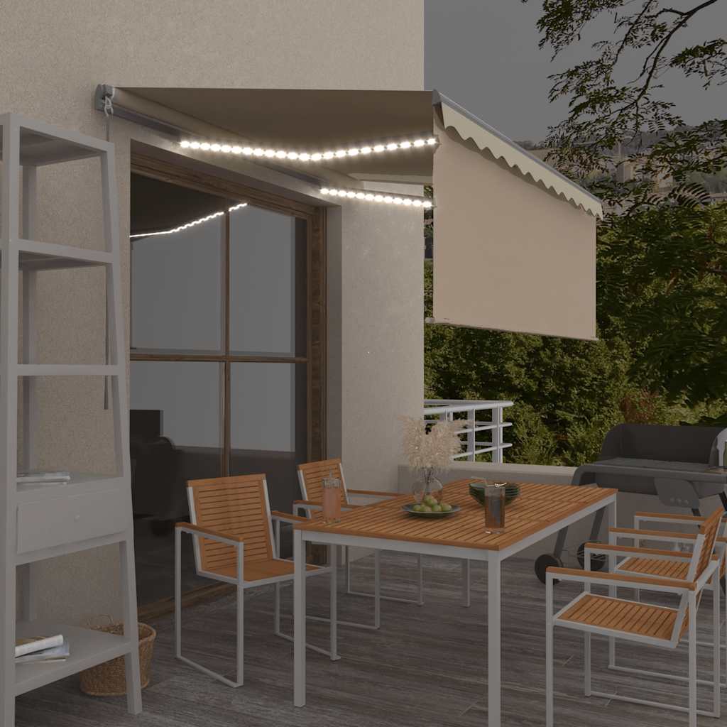 markise m. gardin + LED 3x2,5 m manuel betjening cremefarvet