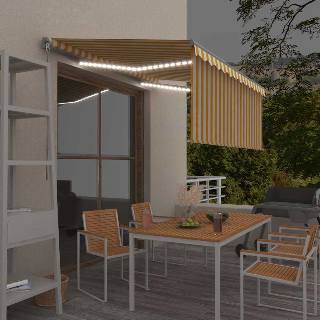markise m. gardin + LED 3x2,5 m manuel betjening gul og hvid