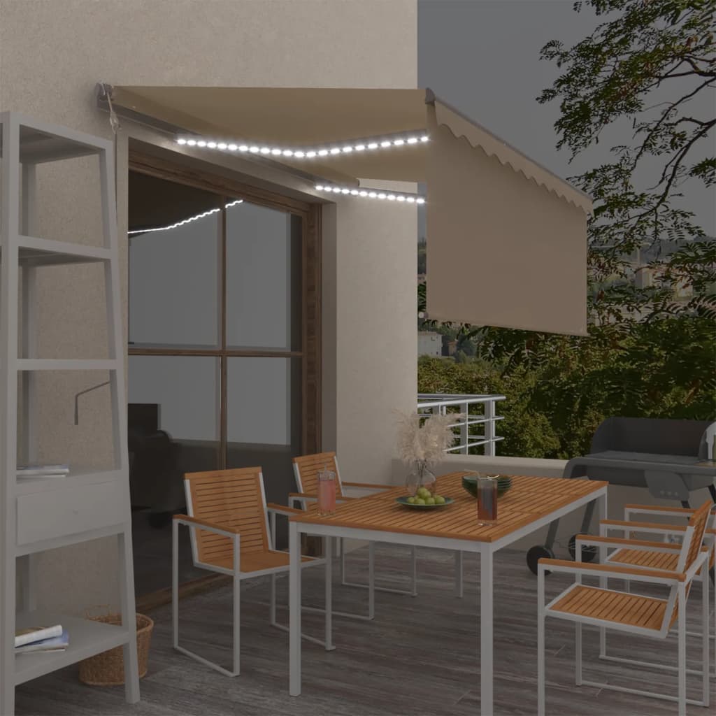 markise m. gardin+LED+vindsensor 3,5x2,5 m auto cremefarvet