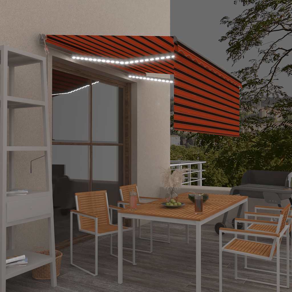 markise m. gardin+LED+vindsensor 3,5x2,5 m auto orange/brun