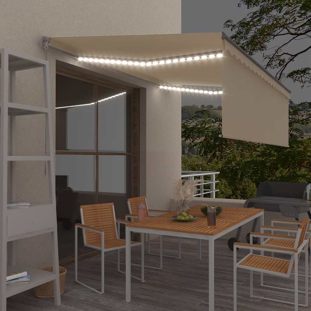 markise m. gardin + LED 4x3 m manuel betjening cremefarvet