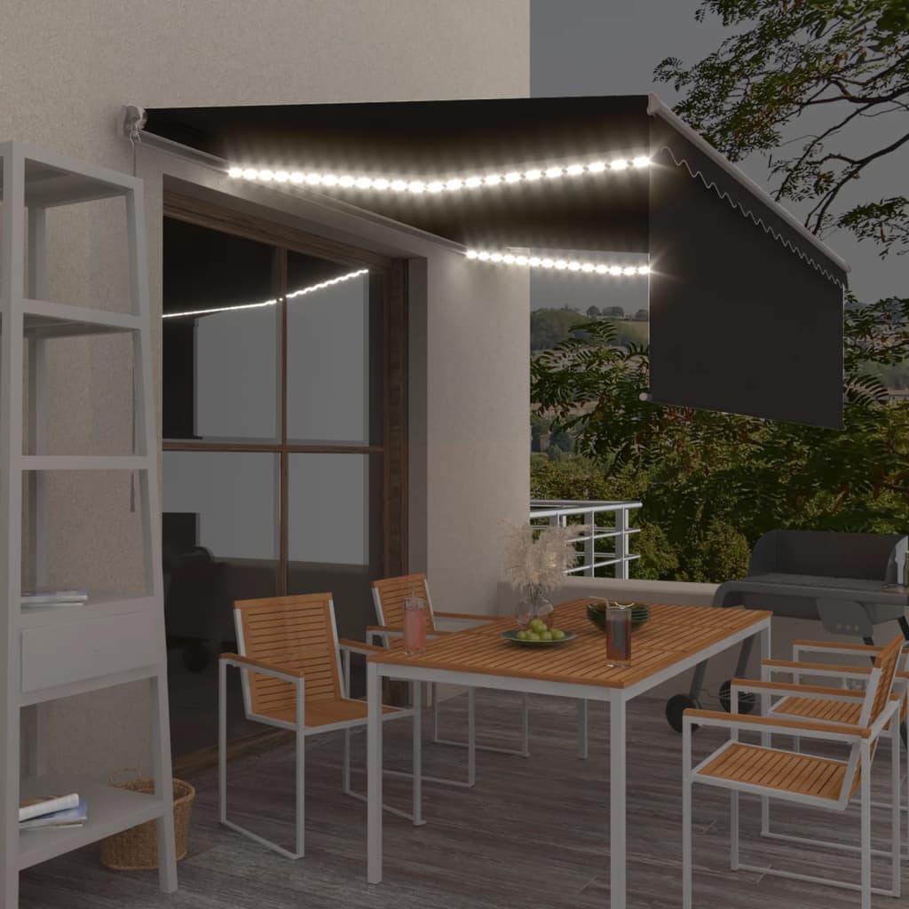 markise m. gardin + LED 4x3 m manuel betjening antracitgrå