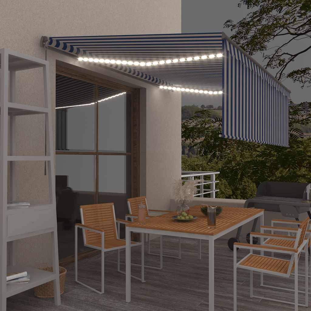 markise m. gardin + LED 4,5x3 m manuel betjening blå og hvid