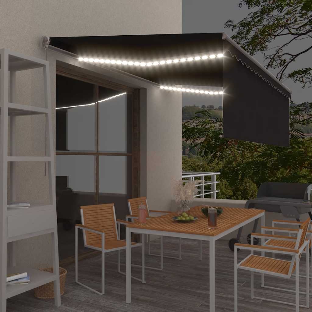 markise m. gardin + LED 4,5x3 m manuel betjening antracitgrå