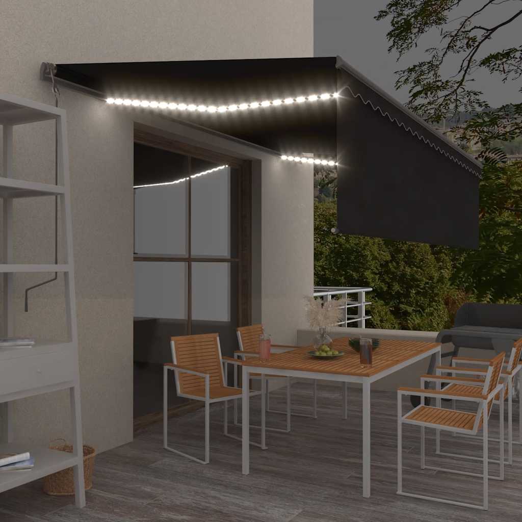 markise m. gardin+LED+vindsensor 5x3 m automatisk antracitgrå