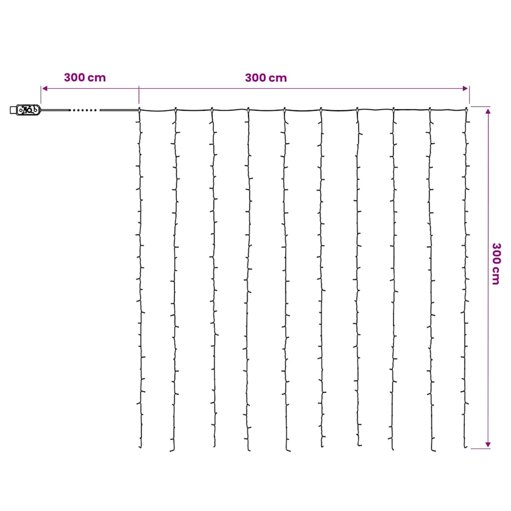 lysgardin 3x3 m 300 LED'er 8 funktioner varm hvid