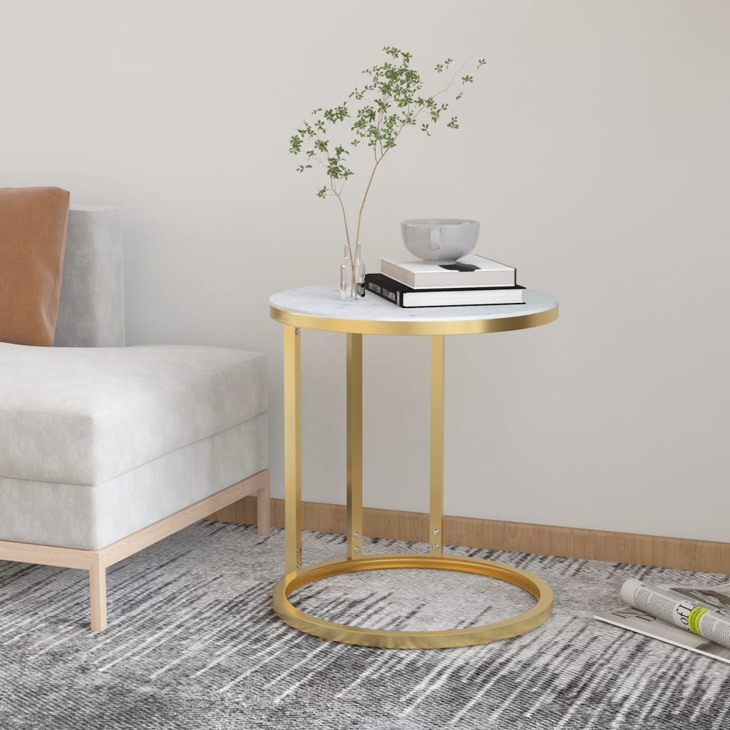 sidebord 45 cm hærdet glas guldfarvet og hvid marmoreffekt