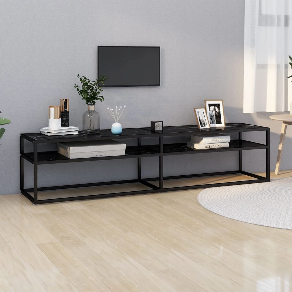 tv-bord 180x40x40,5 cm hærdet glas marmoreffekt sort