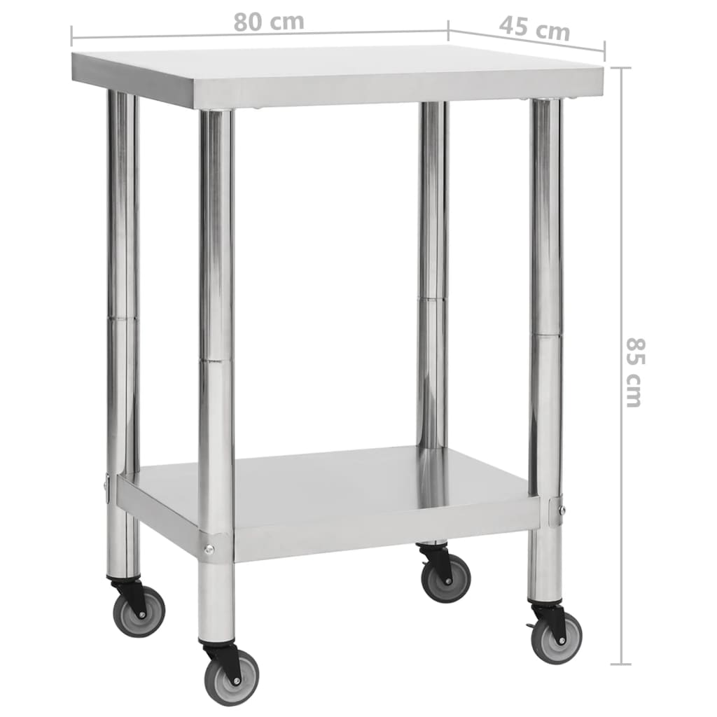 arbejdsbord med hjul til køkken 80x45x85 cm rustfrit stål