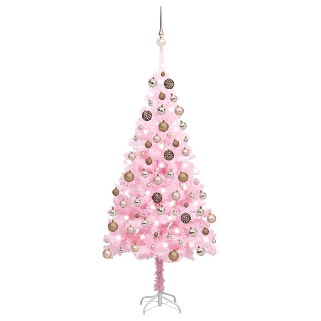 kunstigt juletræ med lys og kuglesæt 120 cm PVC lyserød
