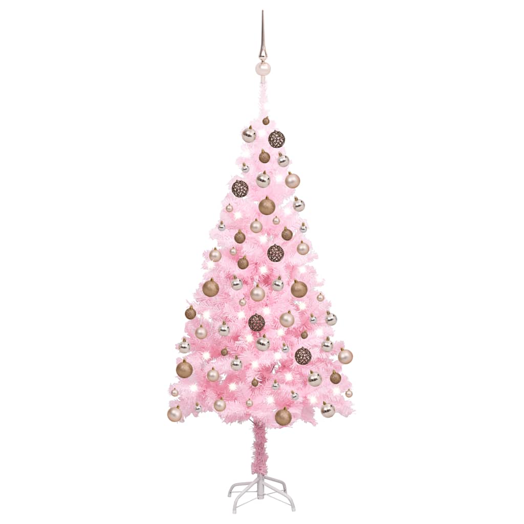 kunstigt juletræ med lys og kuglesæt 150 cm PVC lyserød