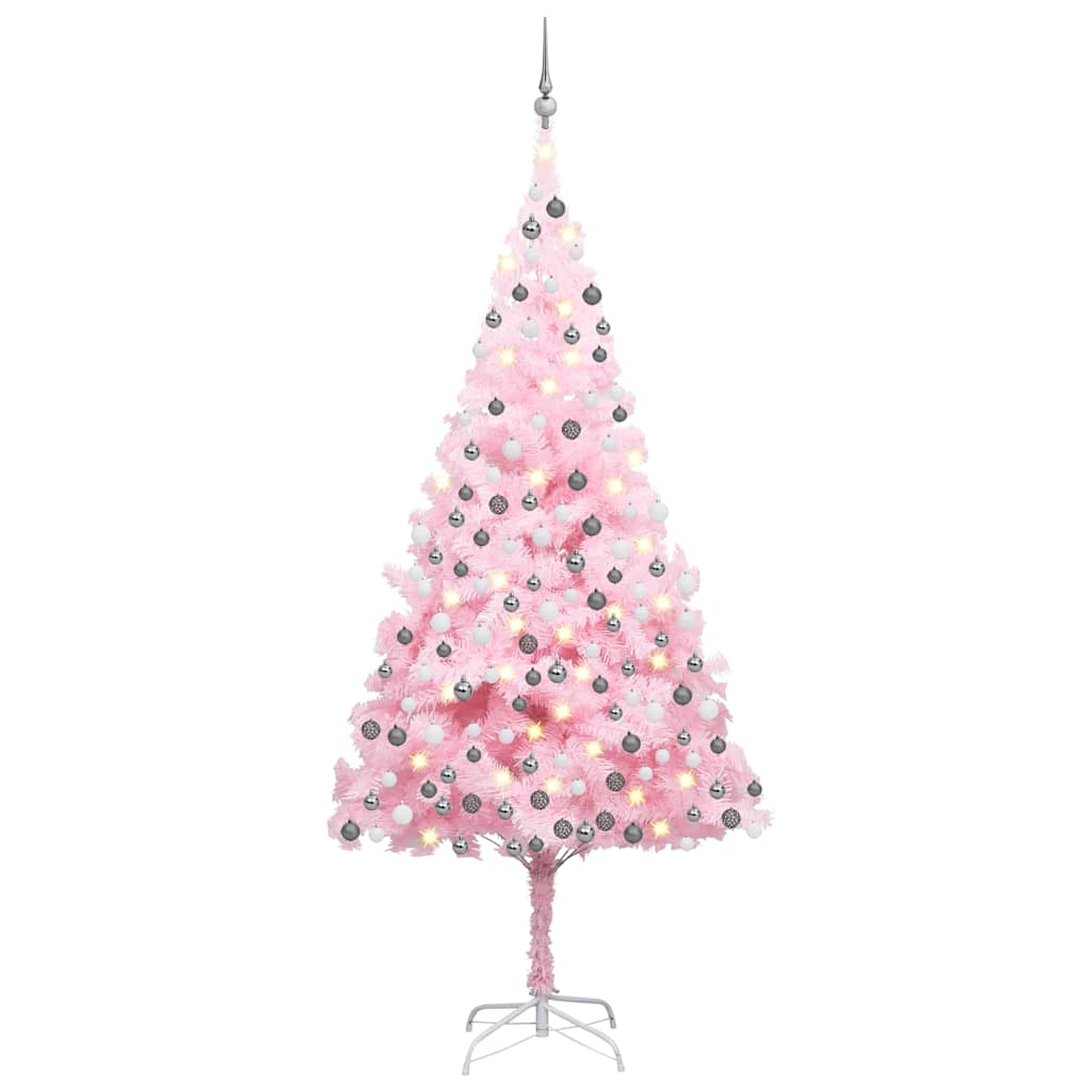 kunstigt juletræ med lys og kuglesæt 210 cm PVC lyserød