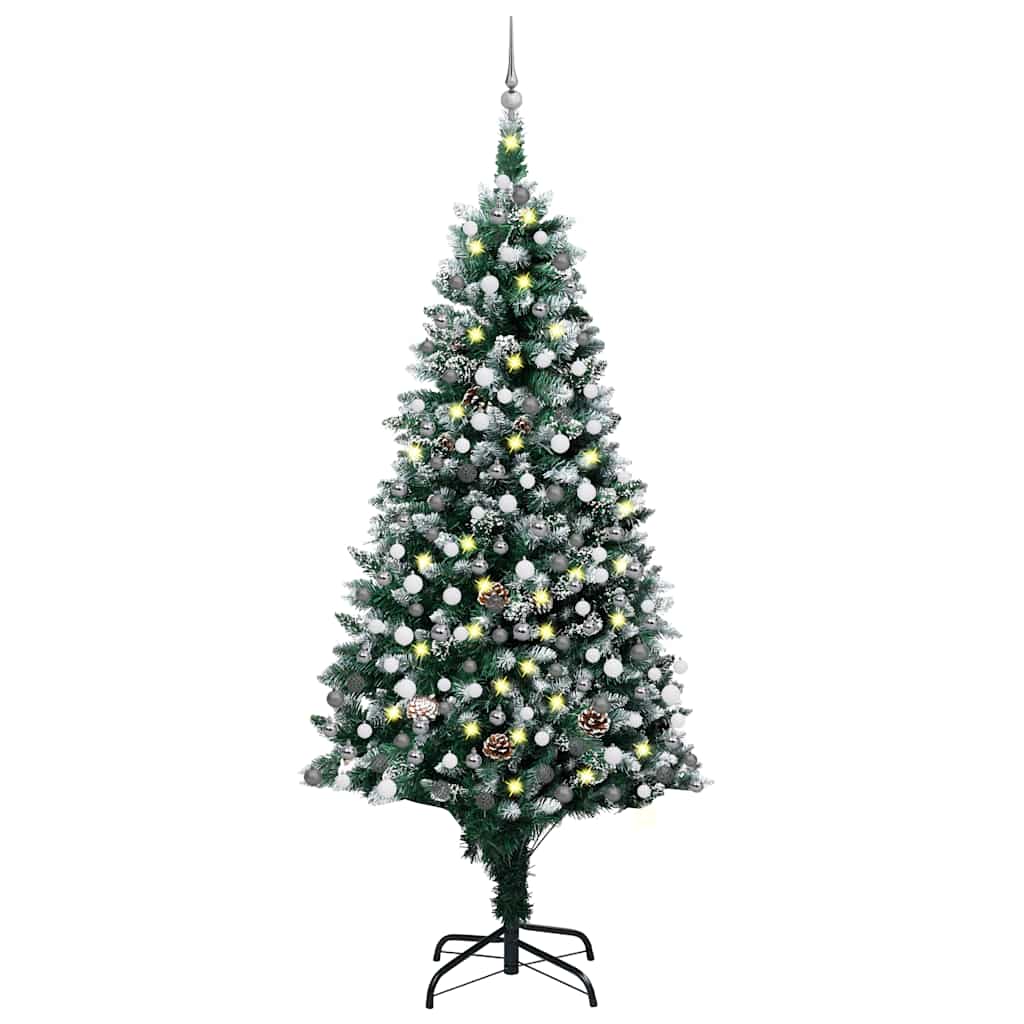 kunstigt juletræ med LED og kuglesæt og fyrrekogler 210 cm