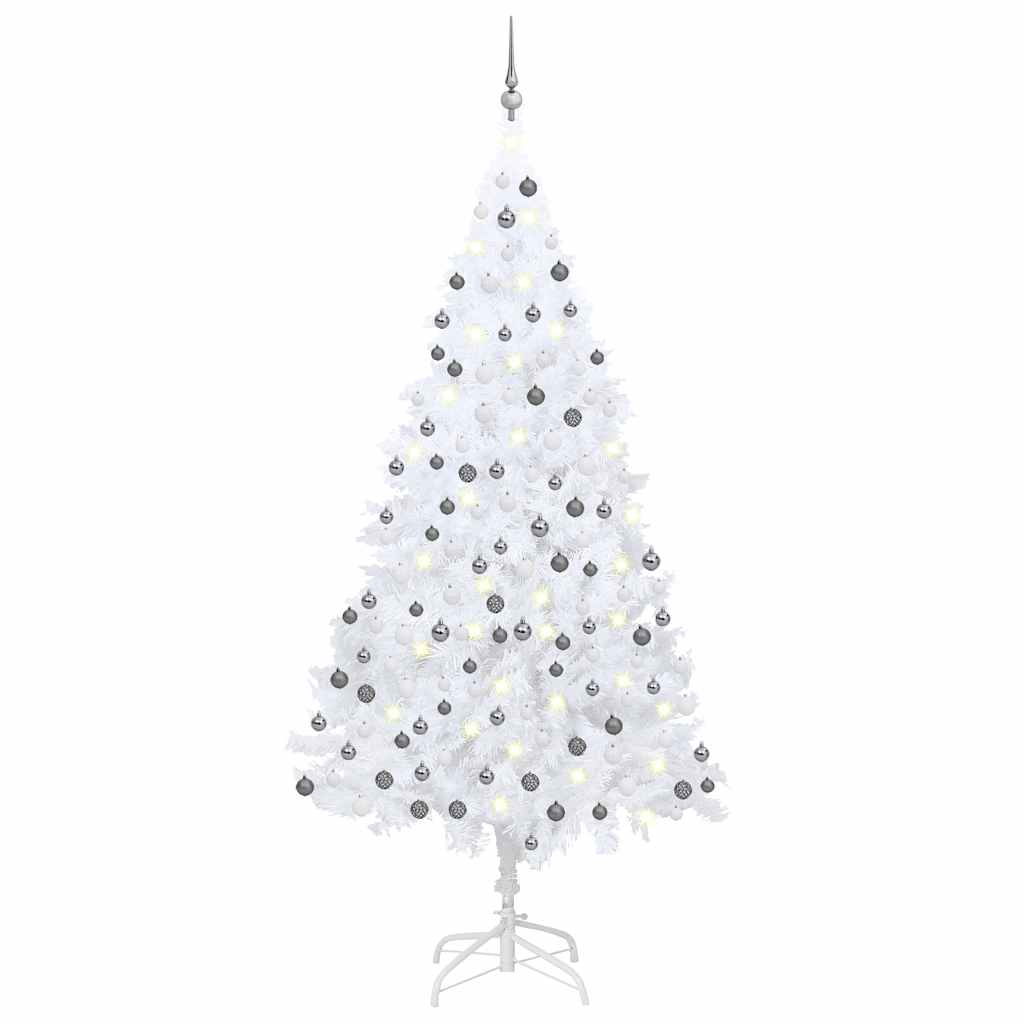kunstigt juletræ med lys og kuglesæt 210 cm PVC hvid