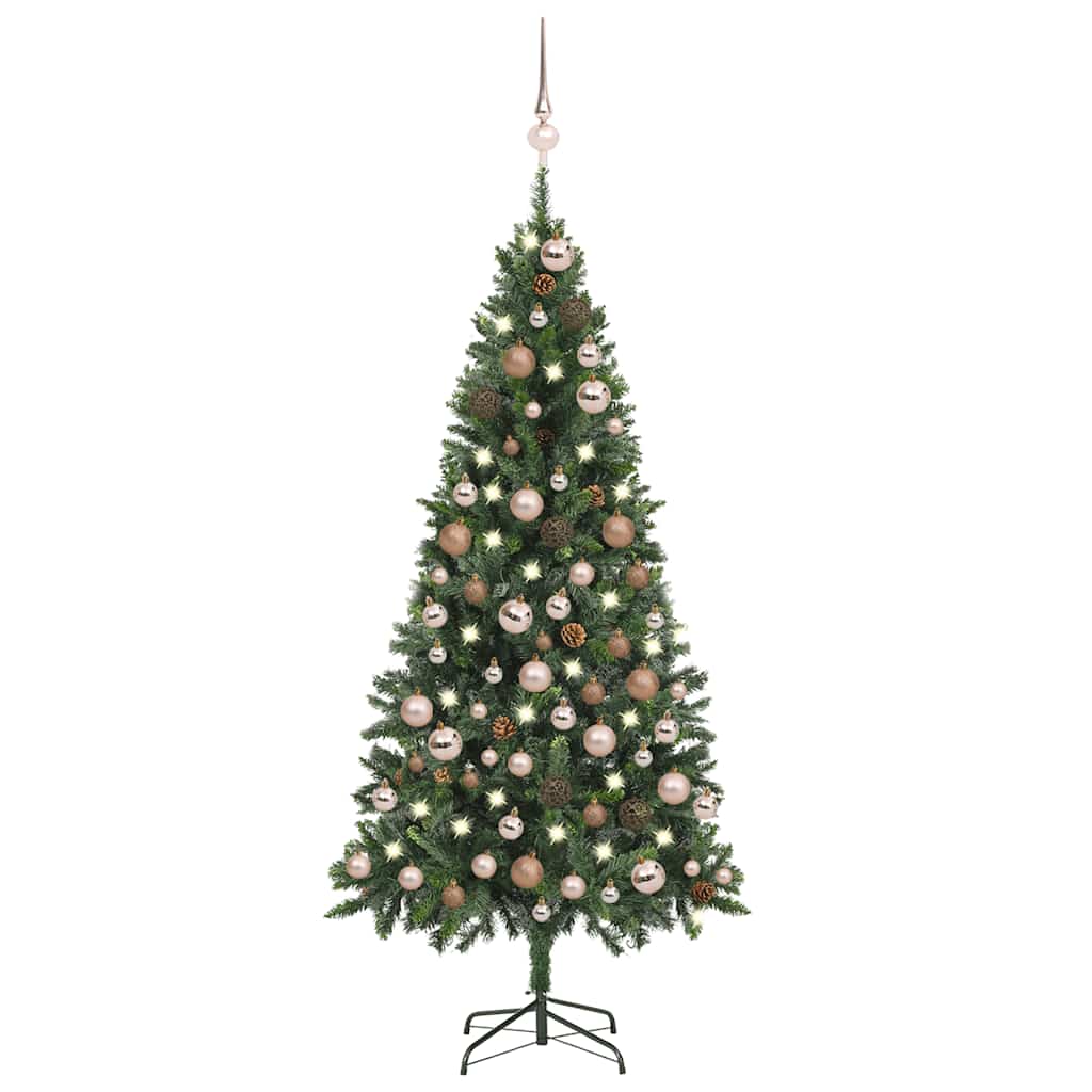 juletræ med sne + lys + julekugler og grankogler 180 cm