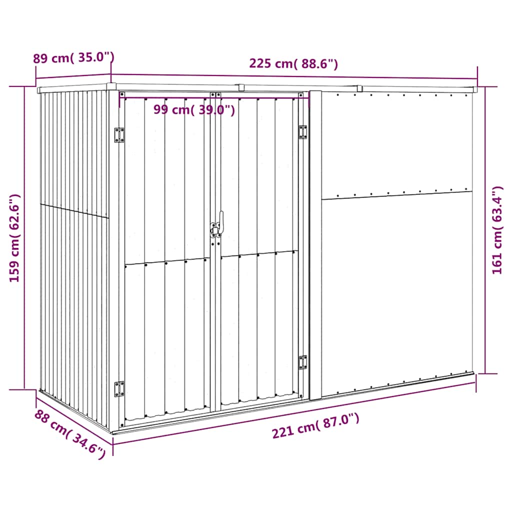 redskabsskur til haven 225x89x161 cm galvaniseret stål grå