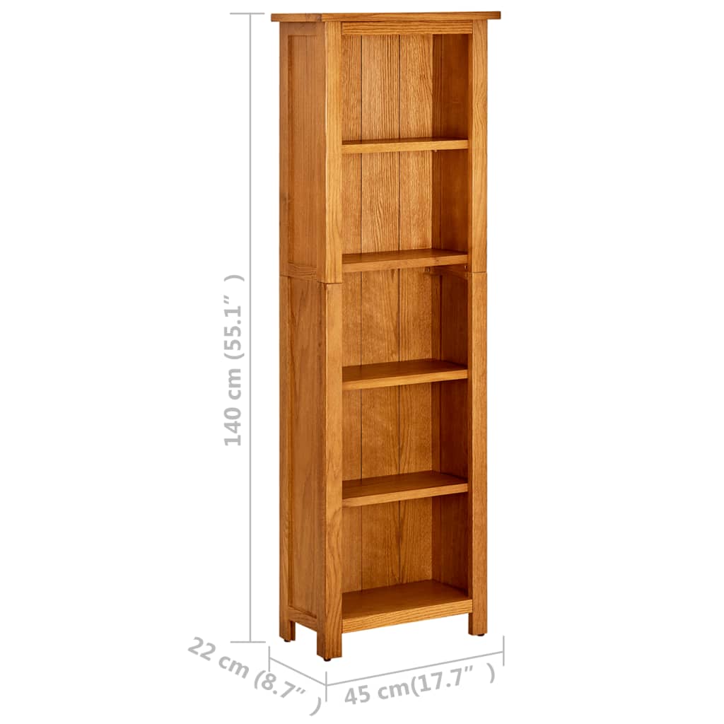 bogreol med 5 hylder 45x22x140 cm massivt egetræ