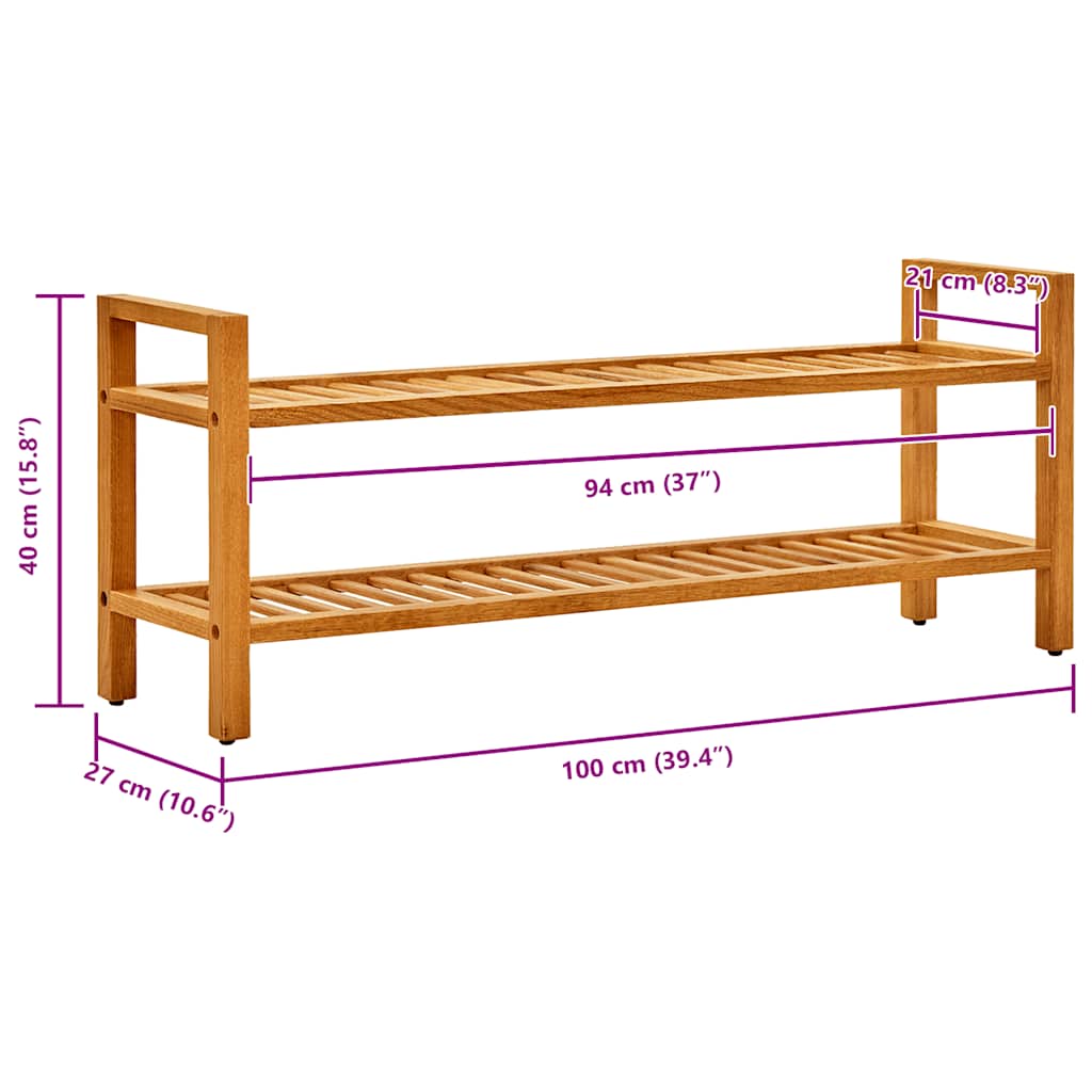skostativ med 2 hylder 100x27x40 cm massivt egetræ