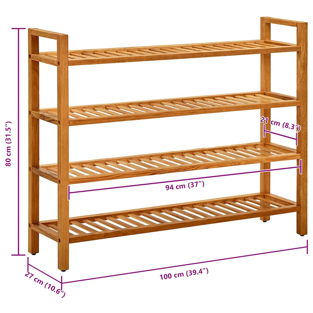skostativ med 4 hylder 100x27x80 cm massivt egetræ
