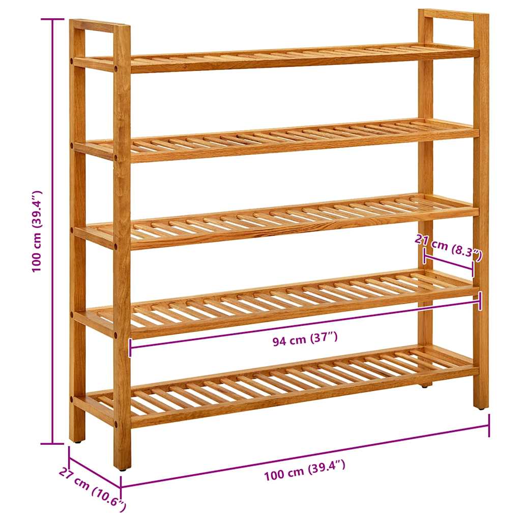 skostativ med 5 hylder 100x27x100 cm massivt egetræ