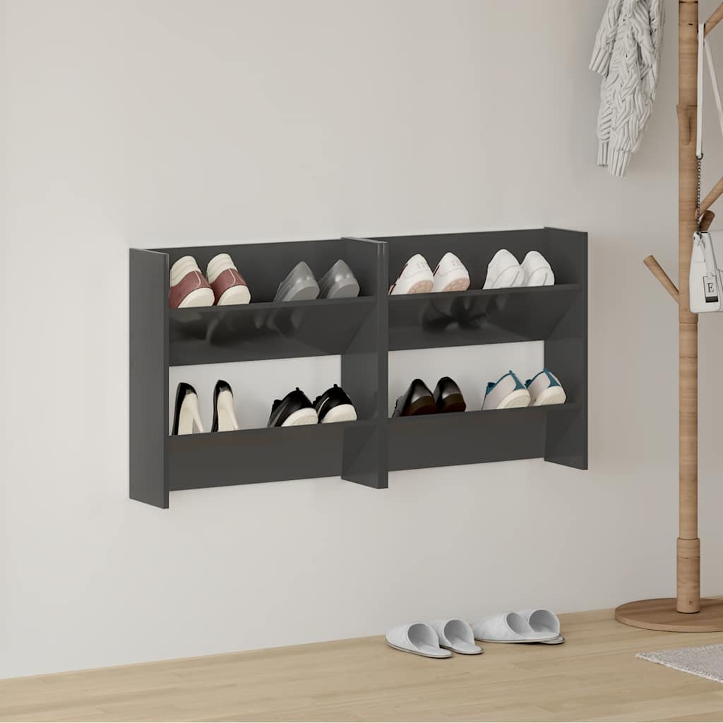 væghængt skoreol 2 stk. 60x18x60cm konstrueret træ grå højglans