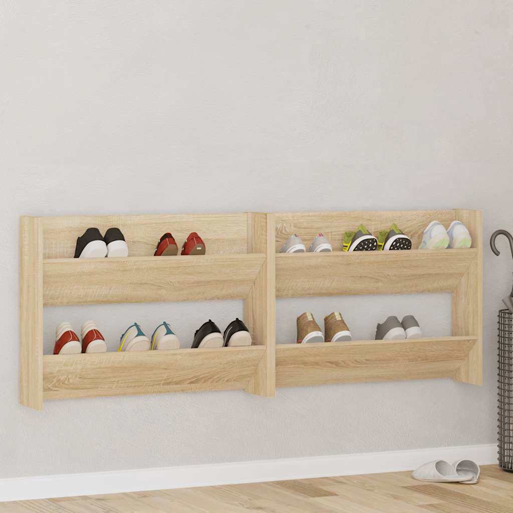 væghængt skoskab 2 stk. 80x18x60 cm konstrueret træ sonoma-eg