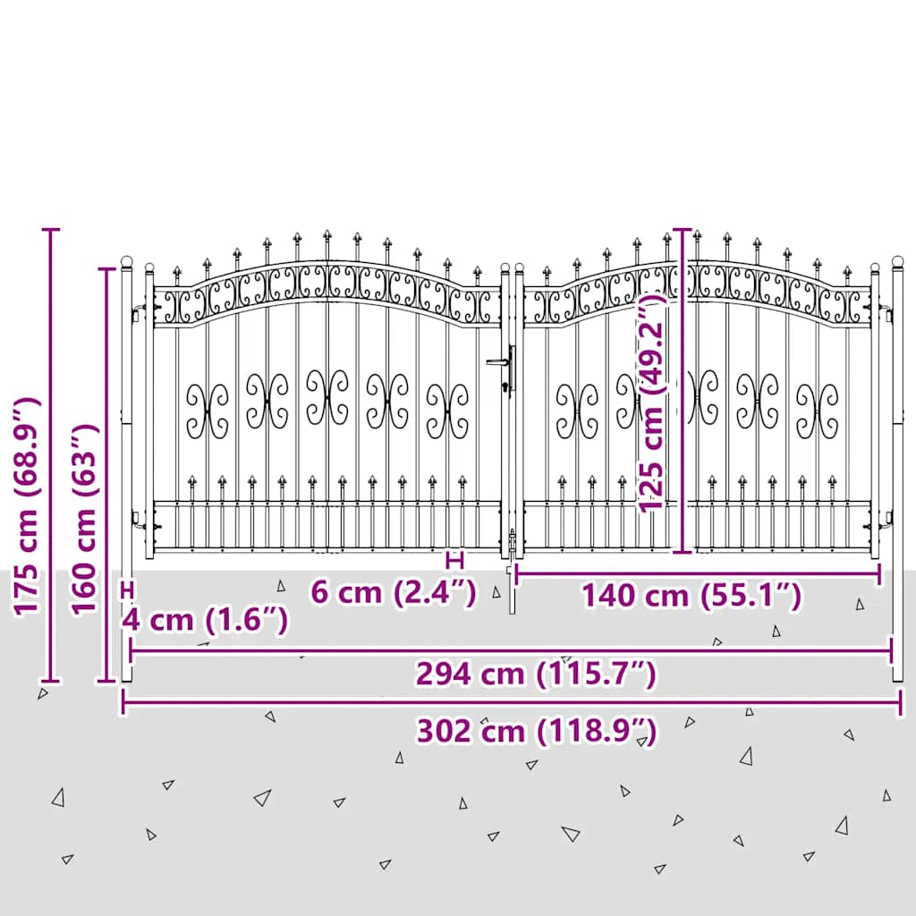 hegnslåge KAMPEN med spydtop sort 302x125 cm stål