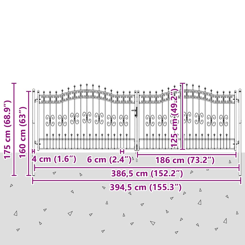 hegnslåge KAMPEN med spydtop sort 394,5x125 cm stål