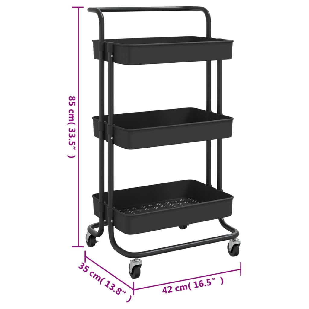 køkkenvogn med 3 hylder 42x35x85 cm jern og ABS sort