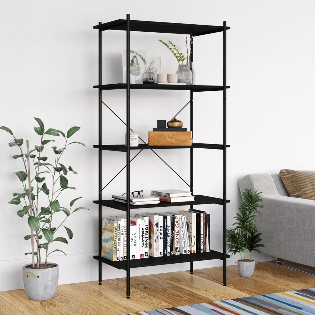 reol med 5 hylder 80x40x163 cm sort