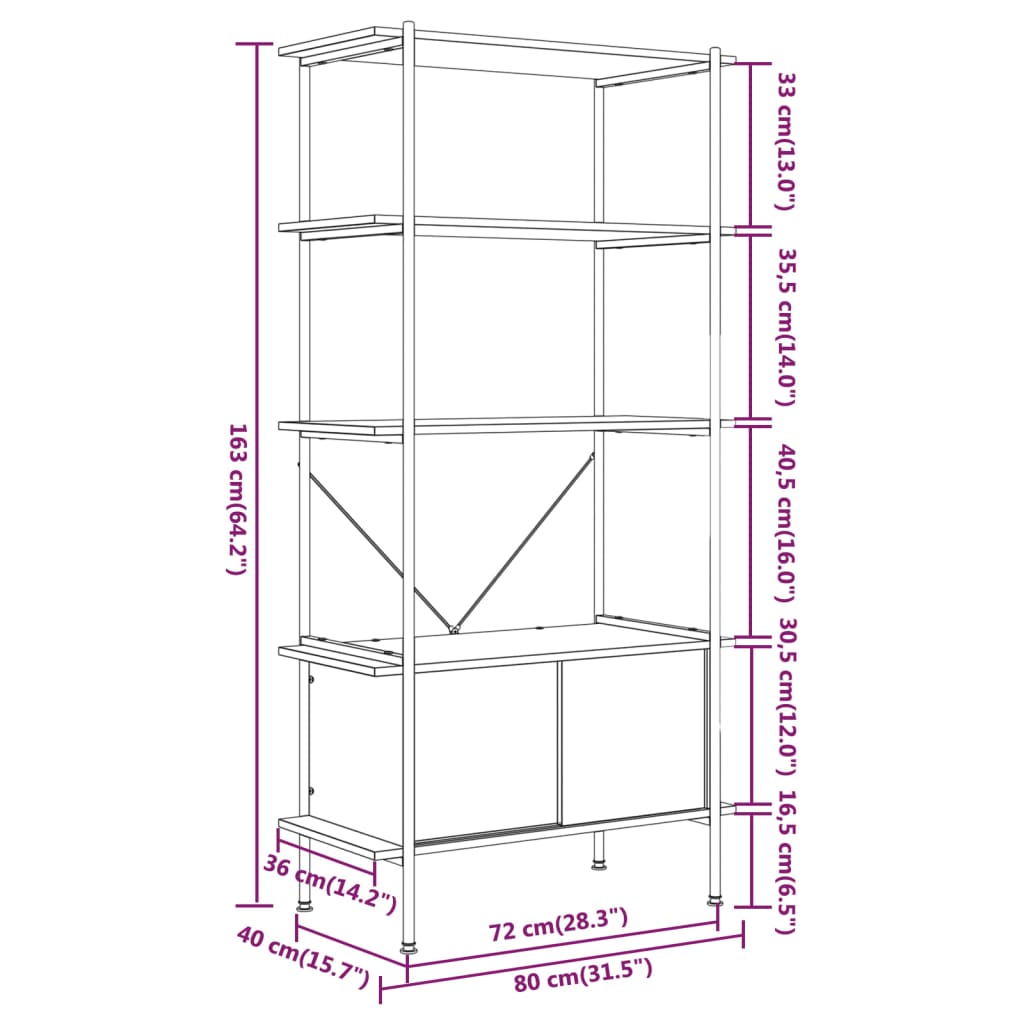 reol med skab 80x40x163 cm 5 niveauer stål og konstrueret træ