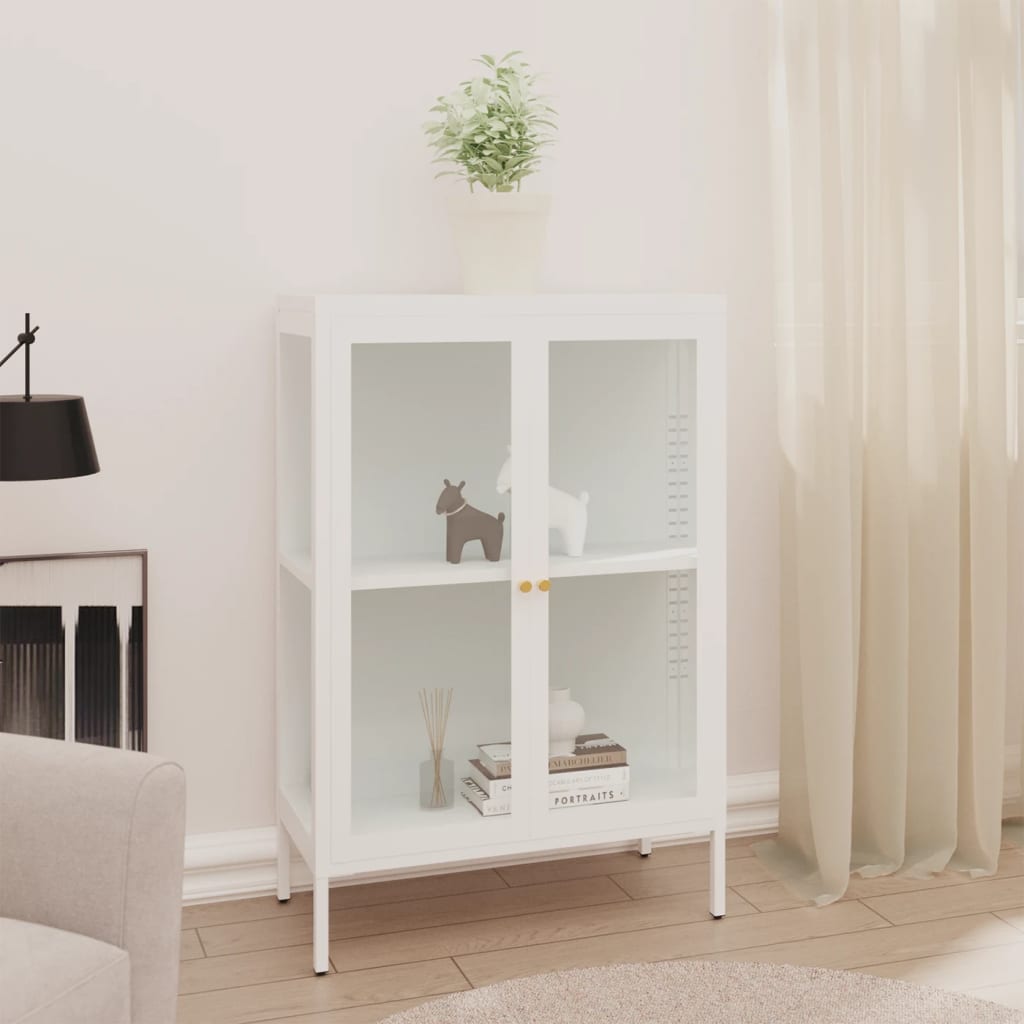skænk 75x35x105 cm stål og glas hvid