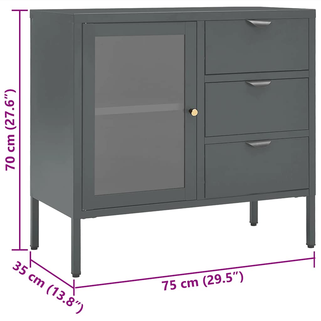 skænk 75x35x70 cm stål og hærdet glas antracitgrå