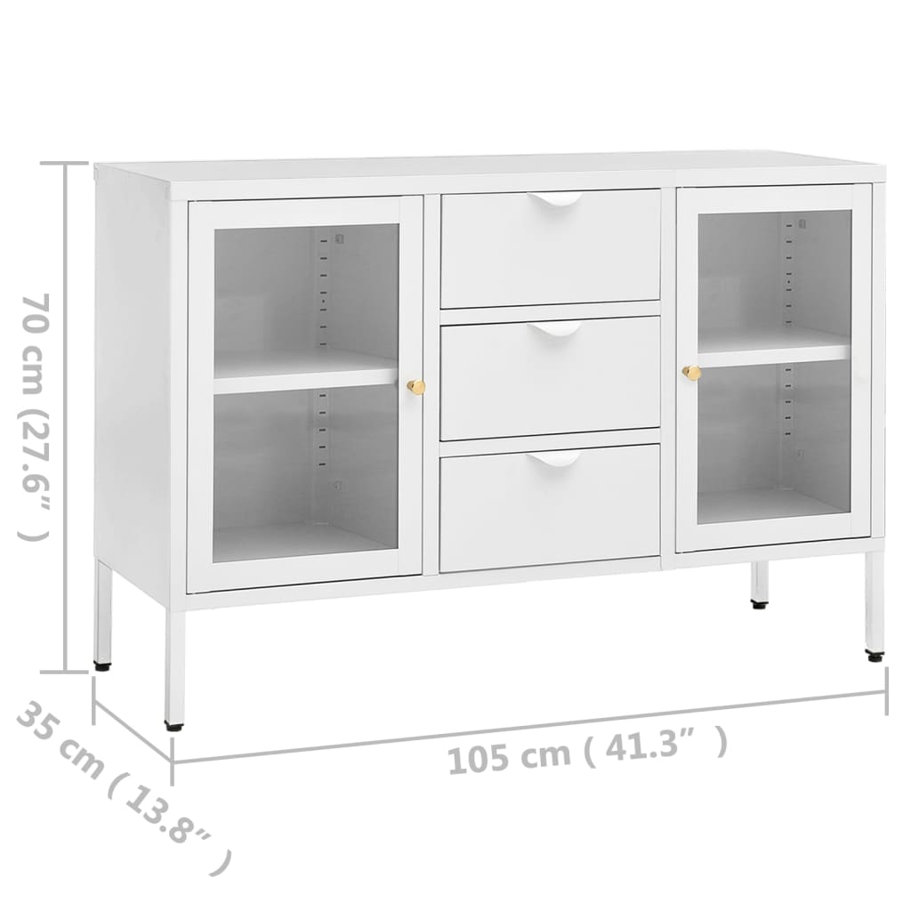 skænk 105x35x70 cm stål og glas hvid