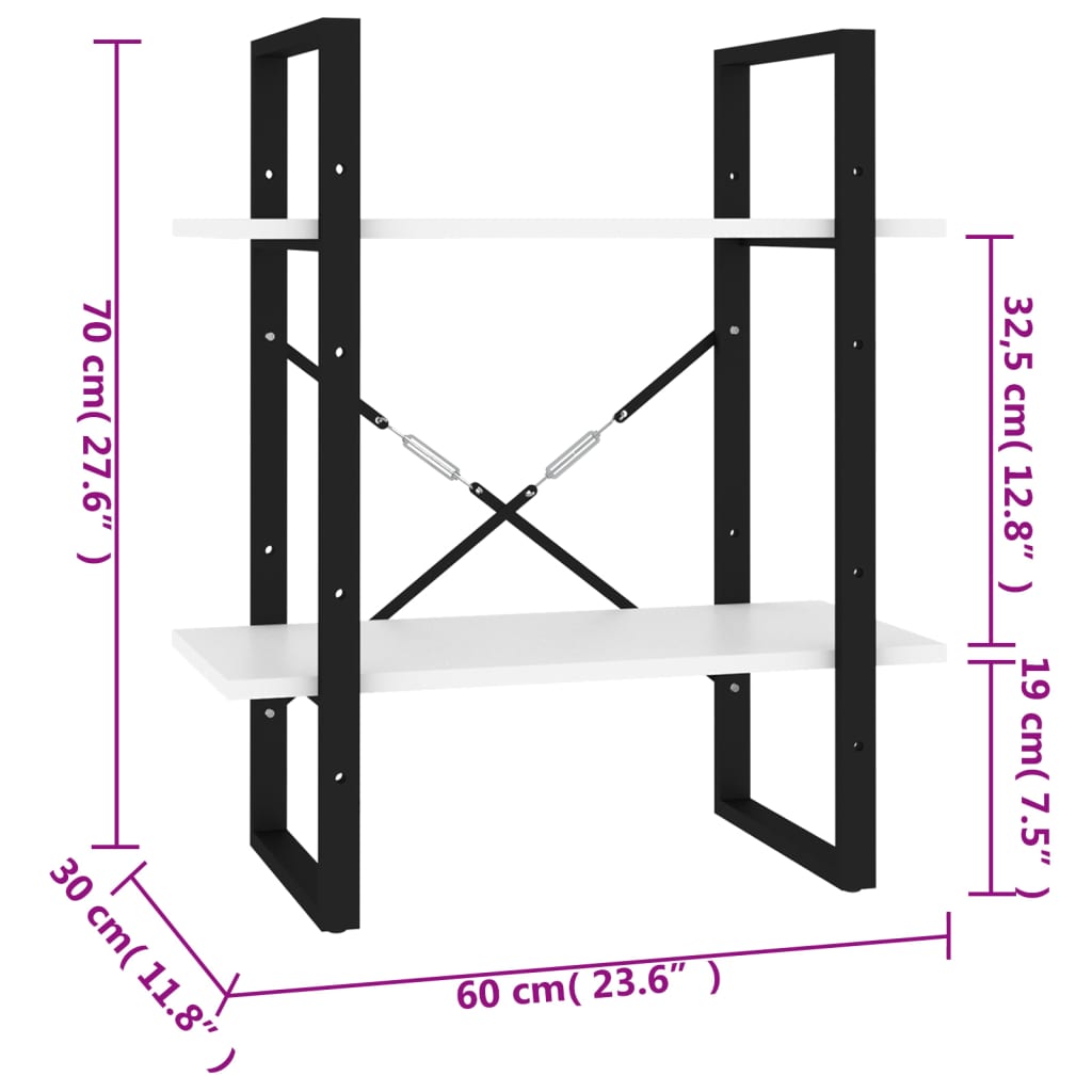 bogreol med 2 hylder 60x30x70 cm konstrueret træ hvid