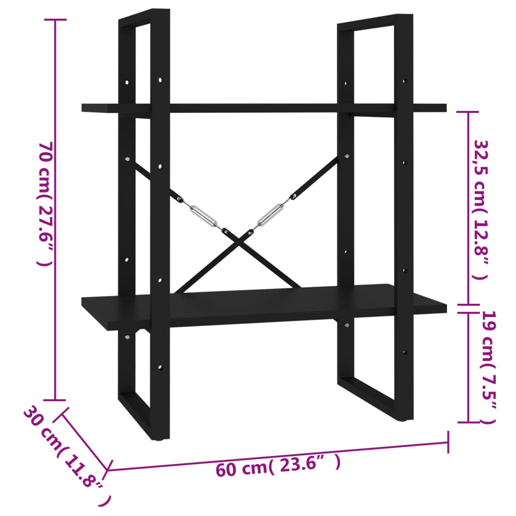 bogreol med 2 hylder 60x30x70 cm konstrueret træ sort