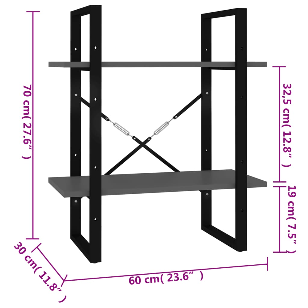 bogreol med 2 hylder 60x30x70 cm konstrueret træ grå