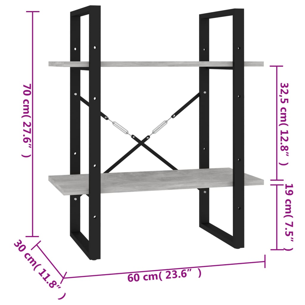 bogreol med 2 hylder 60x30x70 cm konstrueret træ betongrå