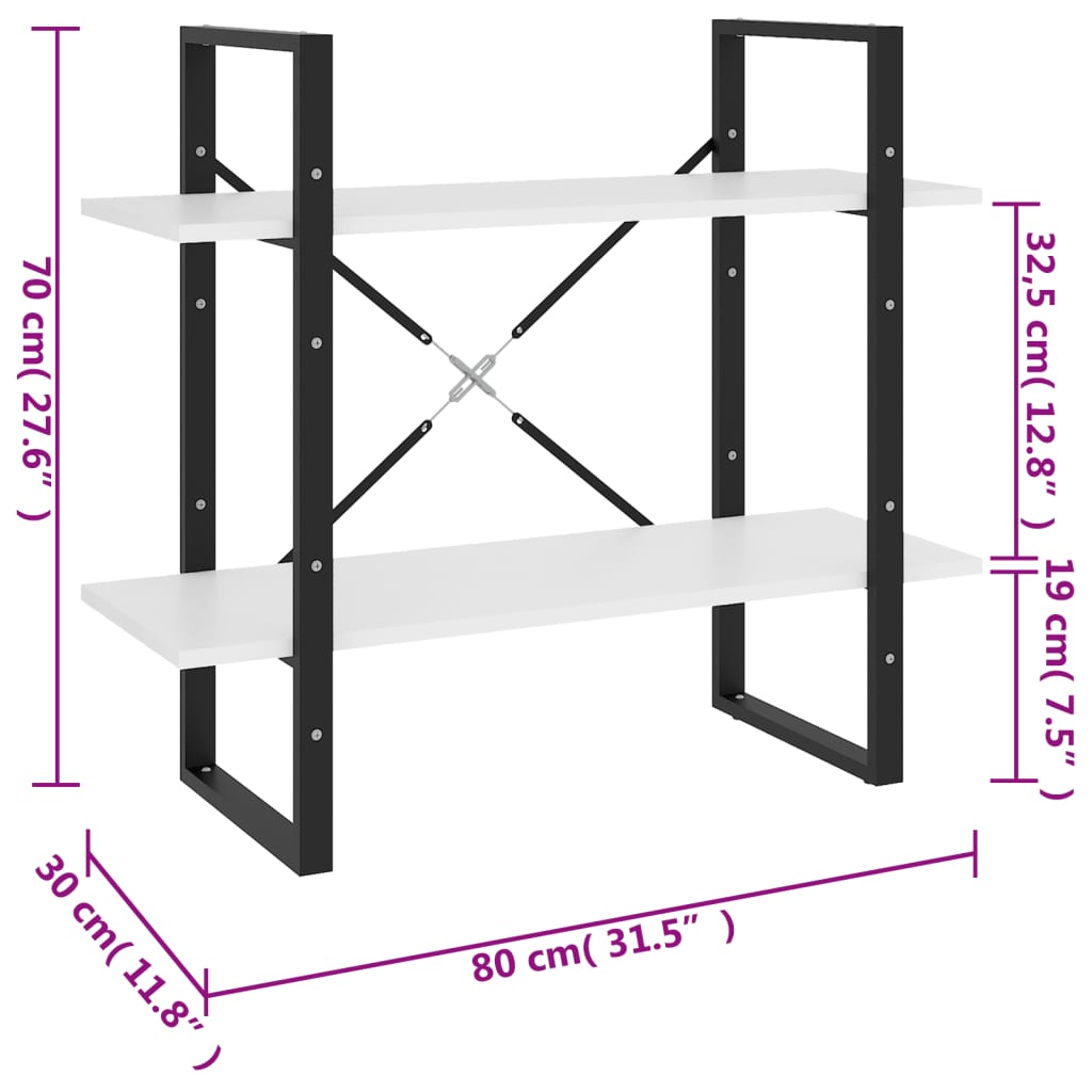 bogreol med 2 hylder 80x30x70 cm konstrueret træ hvid
