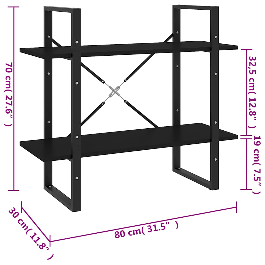 bogreol med 2 hylder 80x30x70 cm konstrueret træ sort