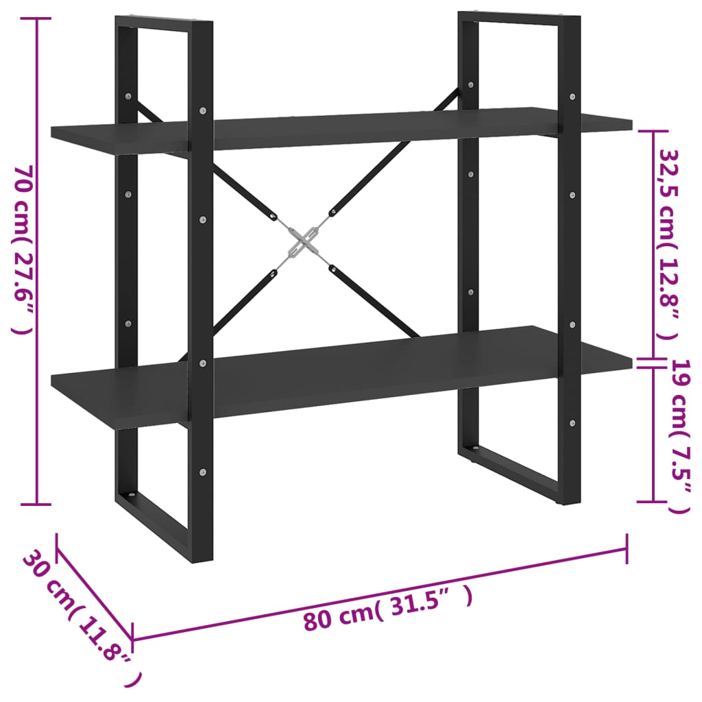 bogreol med 2 hylder 80x30x70 cm konstrueret træ grå