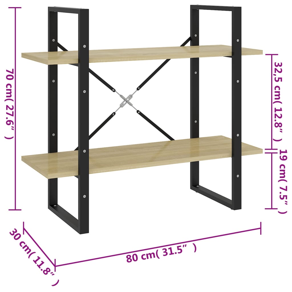 bogreol med 2 hylder 80x30x70 cm konstrueret træ sonoma-eg