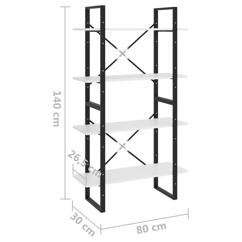 bogreol med 4 hylder 80x30x140 cm konstrueret træ hvid