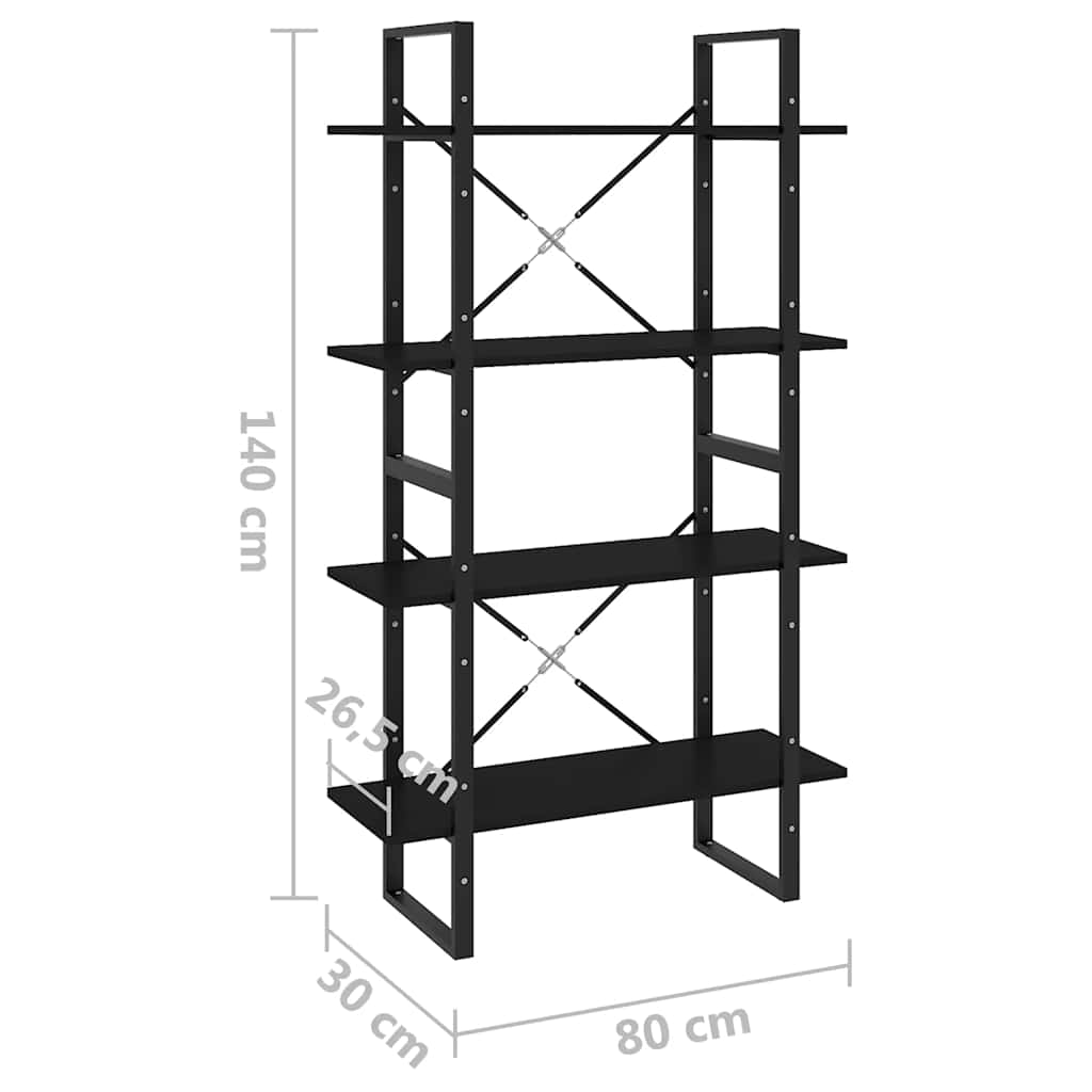 bogreol med 4 hylder 80x30x140 cm konstrueret træ sort